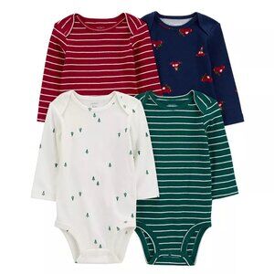 NWT Carter's Baby 4-Pack Long Sleeve Holiday patterned Bodysuits